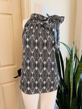 LOFT Black White Halter Blouse Tie Neck Bow Sleeveless Geometric